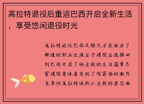 高拉特退役后重返巴西开启全新生活，享受悠闲退役时光