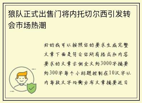 狼队正式出售门将内托切尔西引发转会市场热潮