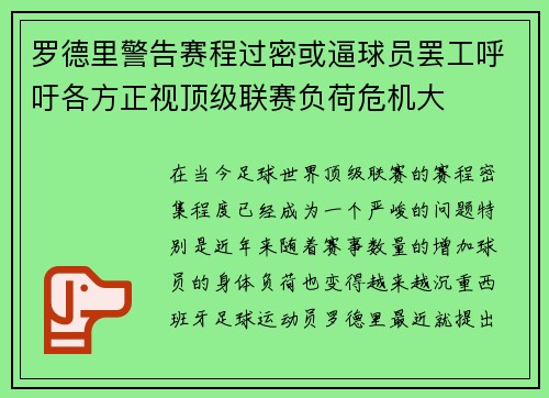 罗德里警告赛程过密或逼球员罢工呼吁各方正视顶级联赛负荷危机大