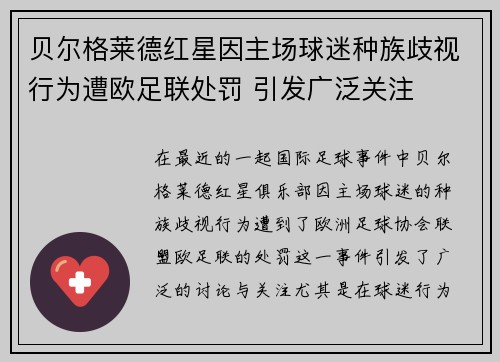 贝尔格莱德红星因主场球迷种族歧视行为遭欧足联处罚 引发广泛关注