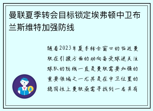 曼联夏季转会目标锁定埃弗顿中卫布兰斯维特加强防线