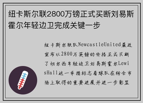 纽卡斯尔联2800万镑正式买断刘易斯霍尔年轻边卫完成关键一步